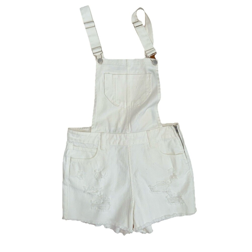 Womens Size S Francesca’s Harper White Denim Jean Side Zip Overalls Shorts NWT